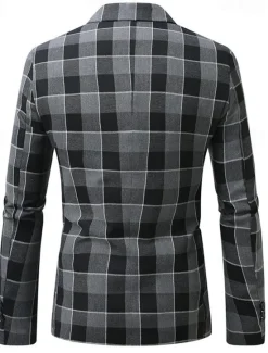 Clearance OUKU Men's Graduation Blazer Business Cocktail Party Wedding Party Fashion Casual Spring Autumn / Fall Polyester Plaid Pocket Buttons Comfortable Single Breasted Blazer Black Brown Coffee Gray
