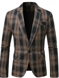 Clearance OUKU Men's Graduation Blazer Business Cocktail Party Wedding Party Fashion Casual Spring Autumn / Fall Polyester Plaid Pocket Buttons Comfortable Single Breasted Blazer Black Brown Coffee Gray