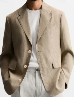 Clearance OUKU Men's Graduation Blazer Business Cocktail Party Wedding Party Fashion Casual Spring Autumn / Fall Linen Solid Color Pocket Buttons Comfortable Single Breasted Blazer Black Brown khaki Army Green