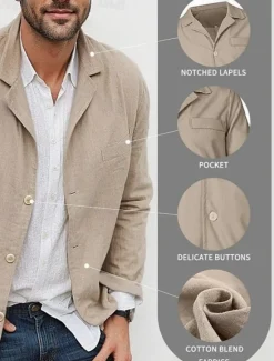 Clearance OUKU Men's Graduation Blazer Business Cocktail Party Wedding Party Fashion Casual Spring Autumn / Fall Linen Solid Color Pocket Buttons Comfortable Single Breasted Blazer Black Brown khaki Army Green