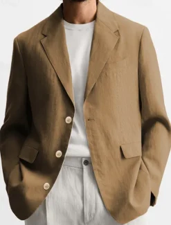 Clearance OUKU Men's Graduation Blazer Business Cocktail Party Wedding Party Fashion Casual Spring Autumn / Fall Linen Solid Color Pocket Buttons Comfortable Single Breasted Blazer Black Brown khaki Army Green