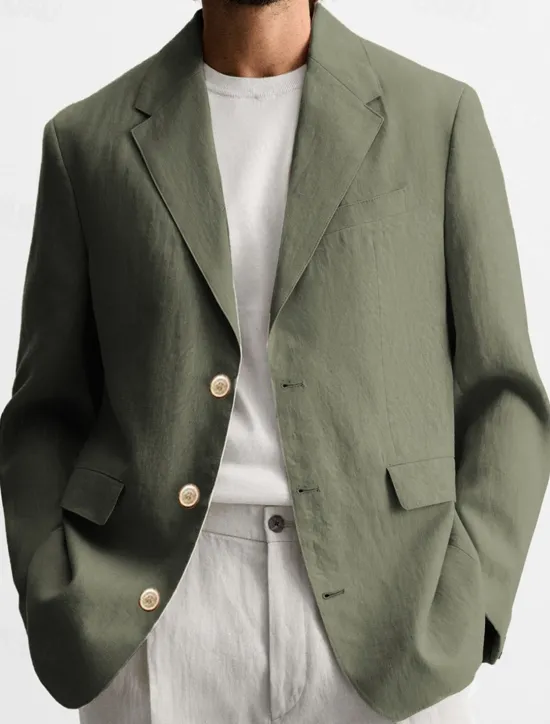Clearance OUKU Men's Graduation Blazer Business Cocktail Party Wedding Party Fashion Casual Spring Autumn / Fall Linen Solid Color Pocket Buttons Comfortable Single Breasted Blazer Black Brown khaki Army Green