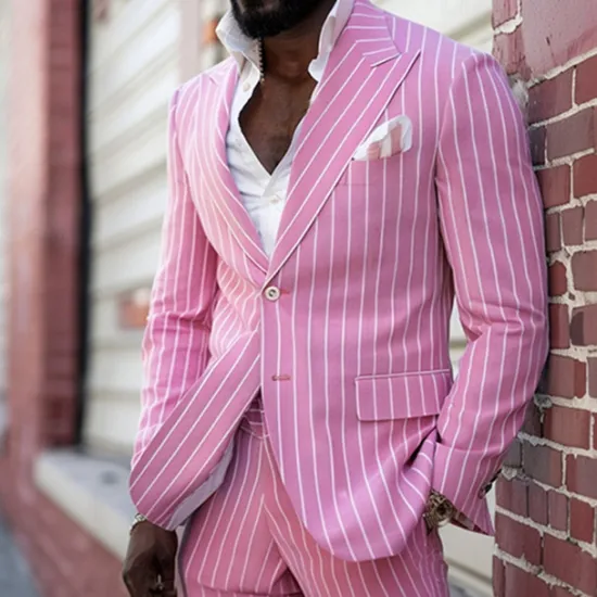 Best OUKU Men's Graduation Blazer Business Cocktail Party Wedding Party Fashion Casual Spring & Fall Polyester Stripes Pocket Buttons Comfortable Single Breasted Blazer Pink