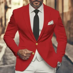 New OUKU Men's Graduation Blazer Business Cocktail Party Wedding Party Fashion Casual Spring & Fall Polyester Solid Color Pocket Buttons Comfortable Single Breasted Blazer Red