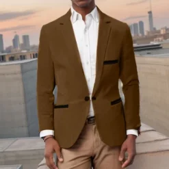 OUKU Men's Graduation Blazer Business Cocktail Party Wedding Party Fashion Casual Spring & Fall Corduroy Solid Color Pocket Buttons Comfortable Single Breasted Blazer Burgundy khaki