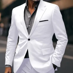 Hot OUKU Men's Graduation Blazer Business Formal Evening Wedding Party Fashion Casual Spring & Fall Polyester Plain Pocket Casual / Daily Single Breasted Blazer Dark Gray Black White Red