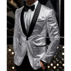 Clearance OUKU Men's Graduation Blazer Business Cocktail Party Wedding Party Fashion Casual Spring & Fall Polyester Sequin Pocket Buttons Comfortable Single Breasted Blazer Silver Black Burgundy Royal Blue