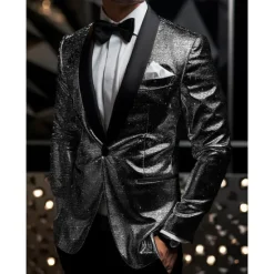 Clearance OUKU Men's Graduation Blazer Business Cocktail Party Wedding Party Fashion Casual Spring & Fall Polyester Sequin Pocket Buttons Comfortable Single Breasted Blazer Silver Black Burgundy Royal Blue