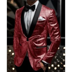 Clearance OUKU Men's Graduation Blazer Business Cocktail Party Wedding Party Fashion Casual Spring & Fall Polyester Sequin Pocket Buttons Comfortable Single Breasted Blazer Silver Black Burgundy Royal Blue