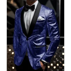 Clearance OUKU Men's Graduation Blazer Business Cocktail Party Wedding Party Fashion Casual Spring & Fall Polyester Sequin Pocket Buttons Comfortable Single Breasted Blazer Silver Black Burgundy Royal Blue