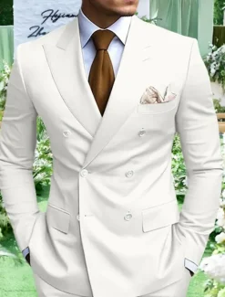 Clearance OUKU Men's Graduation Blazer Business Cocktail Party Wedding Party Fashion Casual Spring Fall Polyester Plain Pocket Buttons Comfortable Double Breasted Blazer White Yellow Purple Light Blue