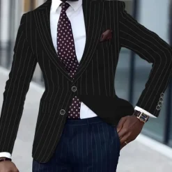 Discount OUKU Men's Graduation Blazer Business Cocktail Party Wedding Party Fashion Casual Spring & Fall Polyester Stripes Pocket Buttons Comfortable Single Breasted Blazer Black White Yellow Pink