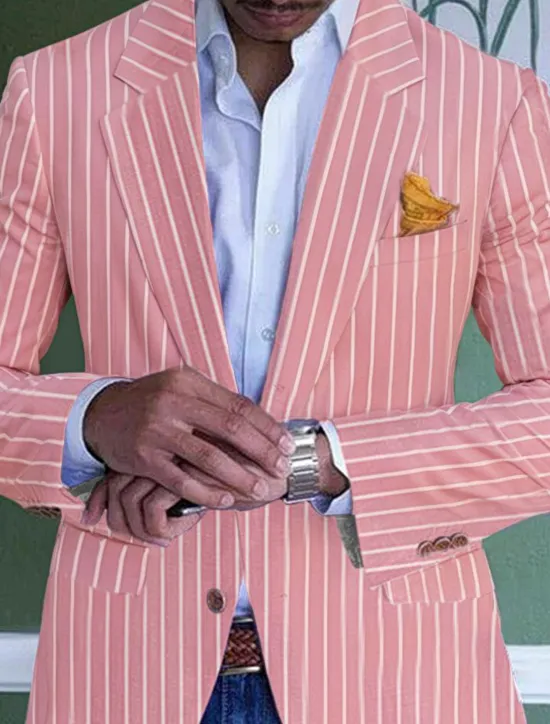 Best OUKU Men's Graduation Blazer Formal Evening Wedding Party Birthday Party Fashion Casual Spring & Fall 95% Polyester 5% Spandex Stripes Pocket Casual / Daily Single Breasted Blazer Pink Blue Orange Green