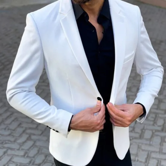 Online OUKU Men's Graduation Cocktail Attire Blazer Business Cocktail Party Wedding Party Fashion Casual Spring & Fall Polyester Plain Pocket Buttons Casual / Daily Single Breasted Blazer White khaki