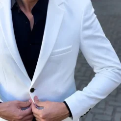 Online OUKU Men's Graduation Cocktail Attire Blazer Business Cocktail Party Wedding Party Fashion Casual Spring & Fall Polyester Plain Pocket Buttons Casual / Daily Single Breasted Blazer White khaki