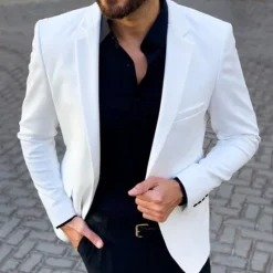 Online OUKU Men's Graduation Cocktail Attire Blazer Business Cocktail Party Wedding Party Fashion Casual Spring & Fall Polyester Plain Pocket Buttons Casual / Daily Single Breasted Blazer White khaki