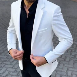 Online OUKU Men's Graduation Cocktail Attire Blazer Business Cocktail Party Wedding Party Fashion Casual Spring & Fall Polyester Plain Pocket Buttons Casual / Daily Single Breasted Blazer White khaki