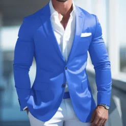Online OUKU Men's Graduation Cocktail Attire Blazer Business Formal Evening Wedding Party Fashion Casual Spring & Fall Polyester Plain Pocket Casual / Daily Single Breasted Blazer Pink Blue Dark Blue