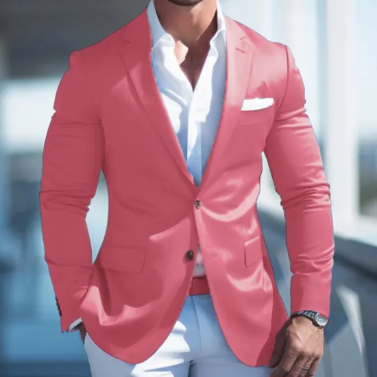 Online OUKU Men's Graduation Cocktail Attire Blazer Business Formal Evening Wedding Party Fashion Casual Spring & Fall Polyester Plain Pocket Casual / Daily Single Breasted Blazer Pink Blue Dark Blue