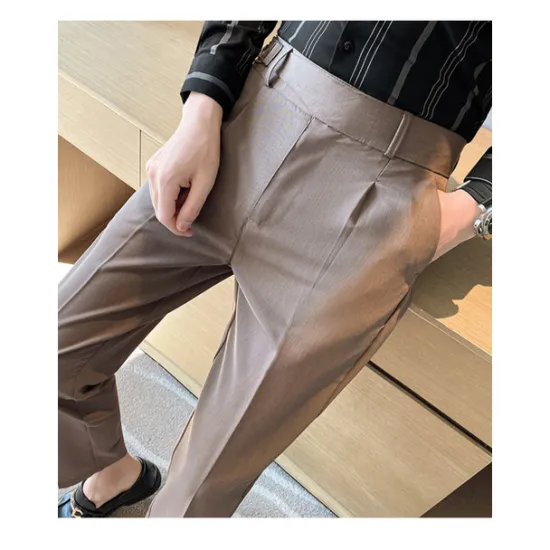 Online OUKU Men's Graduation Dress Pants Trousers Pleated Pants Suit Pants Pocket Straight Leg High Rise Plain Comfort Breathable Business Casual Elegant Vintage Black Khaki High Waist