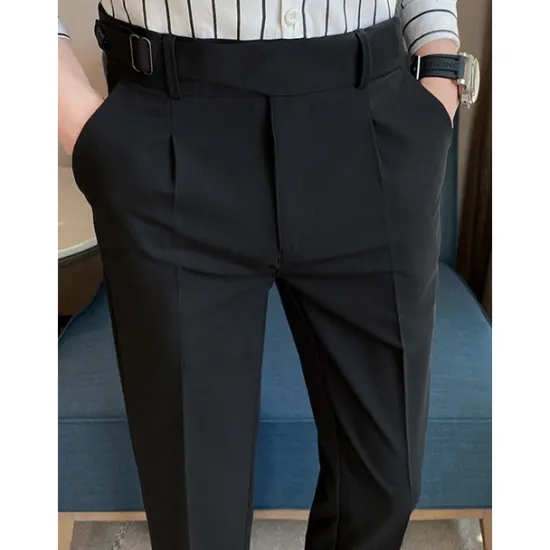 Online OUKU Men's Graduation Dress Pants Trousers Pleated Pants Suit Pants Pocket Straight Leg High Rise Plain Comfort Breathable Business Casual Elegant Vintage Black Khaki High Waist