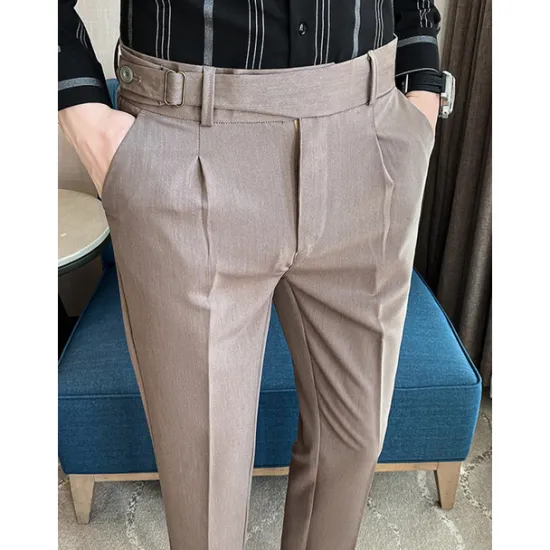 Online OUKU Men's Graduation Dress Pants Trousers Pleated Pants Suit Pants Pocket Straight Leg High Rise Plain Comfort Breathable Business Casual Elegant Vintage Black Khaki High Waist