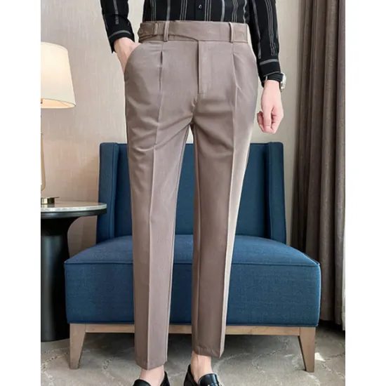 Online OUKU Men's Graduation Dress Pants Trousers Pleated Pants Suit Pants Pocket Straight Leg High Rise Plain Comfort Breathable Business Casual Elegant Vintage Black Khaki High Waist