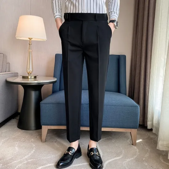 Online OUKU Men's Graduation Dress Pants Trousers Pleated Pants Suit Pants Pocket Straight Leg High Rise Plain Comfort Breathable Business Casual Elegant Vintage Black Khaki High Waist