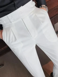 Discount OUKU Men's Graduation Dress Pants Naples Trousers Trousers Chinos Buttons Pocket Straight Leg Plain Comfort Formal Party Work Fashion Classic Style Black White Micro-elastic