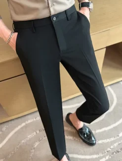Best OUKU Men's Graduation Dress Pants Cropped Pants Buttons Pocket Plain Comfort Ankle-Length Formal Party Work Fashion Classic Style Black Navy Blue Micro-elastic