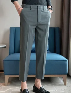 Best OUKU Men's Graduation Dress Pants Cropped Pants Buttons Pocket Plain Comfort Ankle-Length Formal Party Work Fashion Classic Style Black Navy Blue Micro-elastic