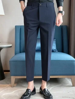 Best OUKU Men's Graduation Dress Pants Cropped Pants Buttons Pocket Plain Comfort Ankle-Length Formal Party Work Fashion Classic Style Black Navy Blue Micro-elastic