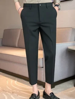 Best OUKU Men's Graduation Dress Pants Cropped Pants Buttons Pocket Plain Comfort Ankle-Length Formal Party Work Fashion Classic Style Black Navy Blue Micro-elastic