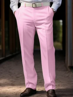 Hot OUKU Men's Graduation Dress Pants Trousers Chinos Buttons Pocket Solid Color Comfort Formal Party Work Fashion Classic Style Coral Pink Yellow Micro-elastic