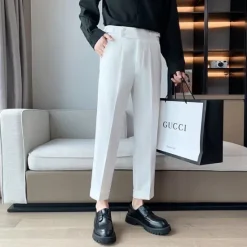 New OUKU Men's Graduation Dress Pants Trousers Pleated Pants Suit Pants Pocket High Rise Plain Comfort Breathable Ankle-Length Office Business Casual Elegant Vintage Black White High Waist Micro-elastic