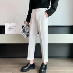 New OUKU Men's Graduation Dress Pants Trousers Pleated Pants Suit Pants Pocket High Rise Plain Comfort Breathable Ankle-Length Office Business Casual Elegant Vintage Black White High Waist Micro-elastic
