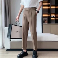 New OUKU Men's Graduation Dress Pants Trousers Pleated Pants Suit Pants Pocket High Rise Plain Comfort Breathable Ankle-Length Office Business Casual Elegant Vintage Black White High Waist Micro-elastic