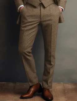 Sale OUKU Men's Graduation Dress Pants Trousers Chinos Buttons Pocket Plain Comfort Formal Party Work Fashion Classic Style Micro-elastic Brown
