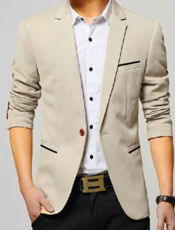 Best OUKU Men's Graduation Jacket Blazer Wedding Business Warm Breathable Pocket Classic Spring Fall Color Block Business Casual Turndown Thick Regular Regular Fit Light Blue Black Wine Navy Blue Khaki Jacket
