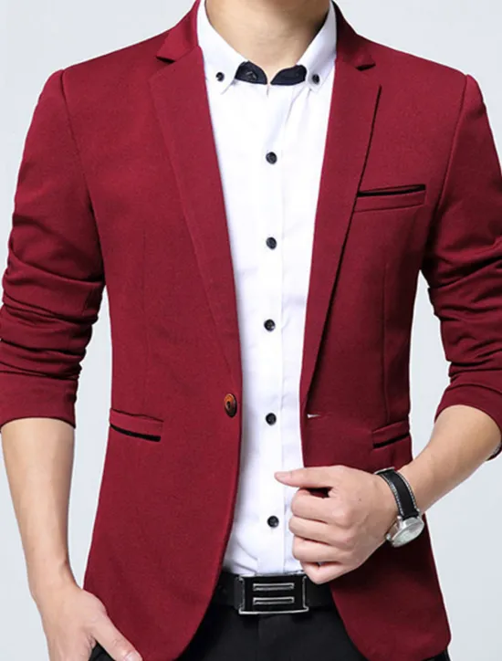 Best OUKU Men's Graduation Jacket Blazer Wedding Business Warm Breathable Pocket Classic Spring Fall Color Block Business Casual Turndown Thick Regular Regular Fit Light Blue Black Wine Navy Blue Khaki Jacket