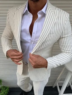 Outlet OUKU Men's Graduation Set Blazer Business Cocktail Party Wedding Party Fashion Casual Spring Fall Polyester Stripes Pocket 2 Piece Comfortable Single Breasted Blazer Black White Orange
