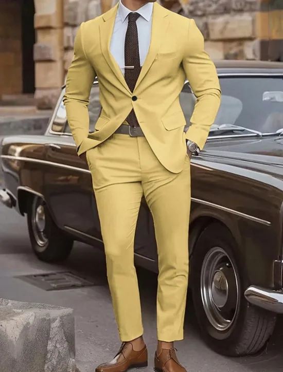Sale OUKU Men's Graduation Set Blazer Business Cocktail Party Wedding Party Fashion Casual Spring & Fall Polyester Plain Pocket 2 Piece Comfortable Single Breasted Blazer Yellow Pink Royal Blue Blue