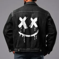 Online OUKU Men's Graffiti Coat Jean Jacket Denim Jacket Breathable Comfortable Casual Sports & Outdoor Going out Weekend Buttons Print Fall & Winter Turndown Long Sleeve Black Blue