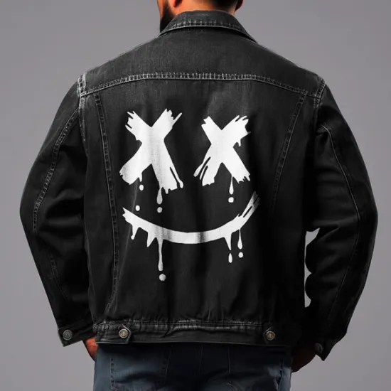 Online OUKU Men's Graffiti Coat Jean Jacket Denim Jacket Breathable Comfortable Casual Sports & Outdoor Going out Weekend Buttons Print Fall & Winter Turndown Long Sleeve Black Blue