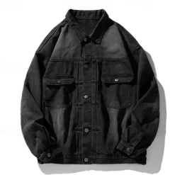 Online OUKU Men's Graffiti Coat Jean Jacket Denim Jacket Breathable Comfortable Casual Sports & Outdoor Going out Weekend Buttons Print Fall & Winter Turndown Long Sleeve Black Blue