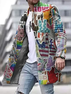 New OUKU Men's Graffiti National Flag Winter Coat Overcoat Coat Warm Breathable Comfortable Fashion Streetwear Business Work Wear to work Going out Pocket Print Fall & Winter Turndown Long Sleeve Gray