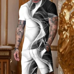 Outlet OUKU Men's Graphic Abstract 2pcs Tees sets Matching Sets Short Sleeve Short Pants Crew Neck Designer Casual Comfortable Outdoor Vacation Daily 3D Print Spring & Summer Black And White