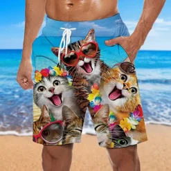 OUKU Men's Graphic Animal Cat Swim Trunks Swim Shorts Board Shorts Mid Waist Hawaiian Designer Boho Casual Daily Holiday Drawstring with Mesh lining Elastic Waist Designer Clothing Apparel