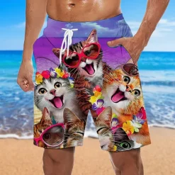 OUKU Men's Graphic Animal Cat Swim Trunks Swim Shorts Board Shorts Mid Waist Hawaiian Designer Boho Casual Daily Holiday Drawstring with Mesh lining Elastic Waist Designer Clothing Apparel
