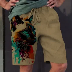 Online OUKU Men's Graphic Animal Cat Shorts Summer Shorts Beach Shorts Mid Waist Streetwear Hawaiian Designer Casual Daily Holiday Elastic Waist 3D Print Drawstring Designer Clothing Apparel